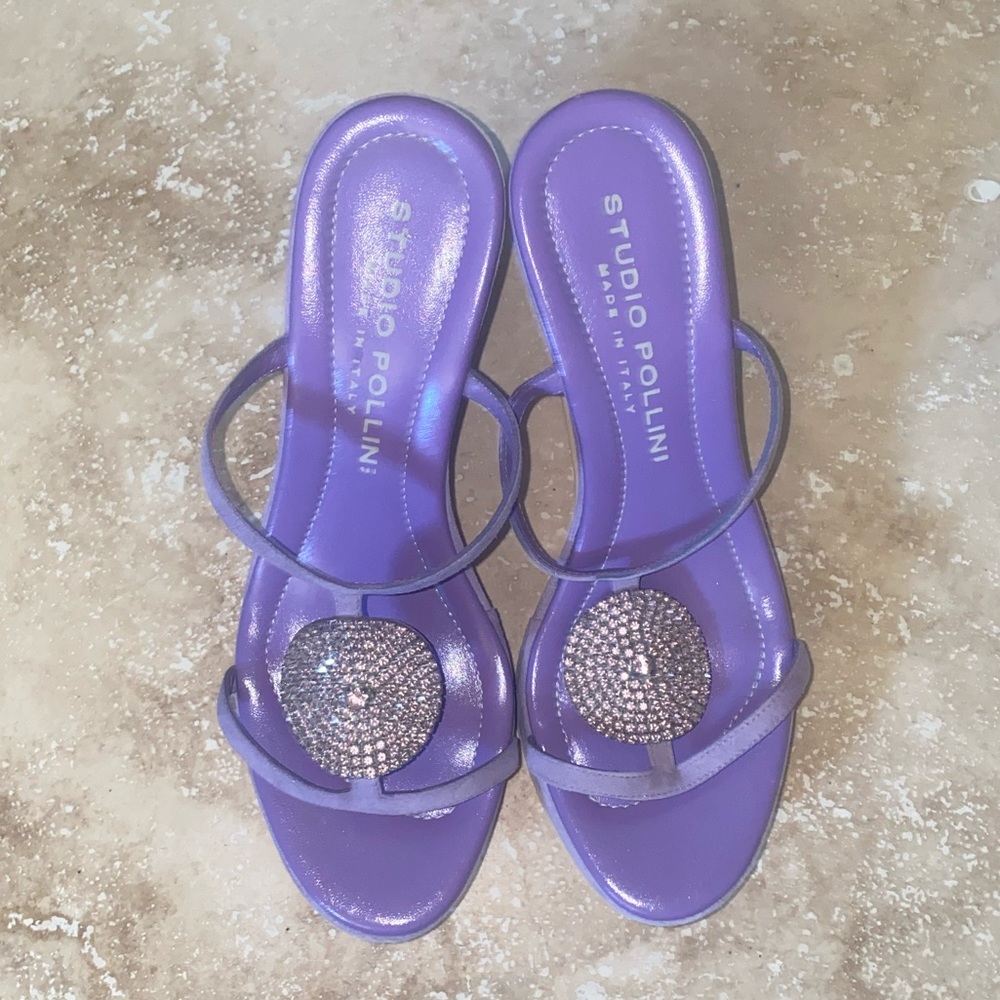 New lavender suede wedges with rhinestone medallion